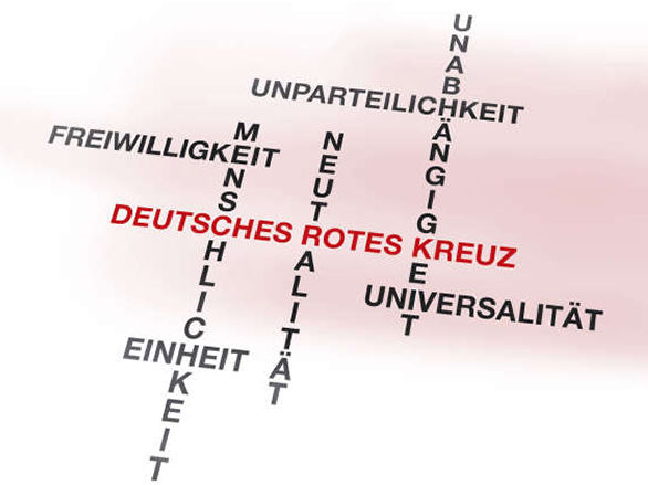 Grafik: Niedergeschriebene Rotkreuzgrundsätze vereinen sich im Namen Deutsches Rotes Kreuz